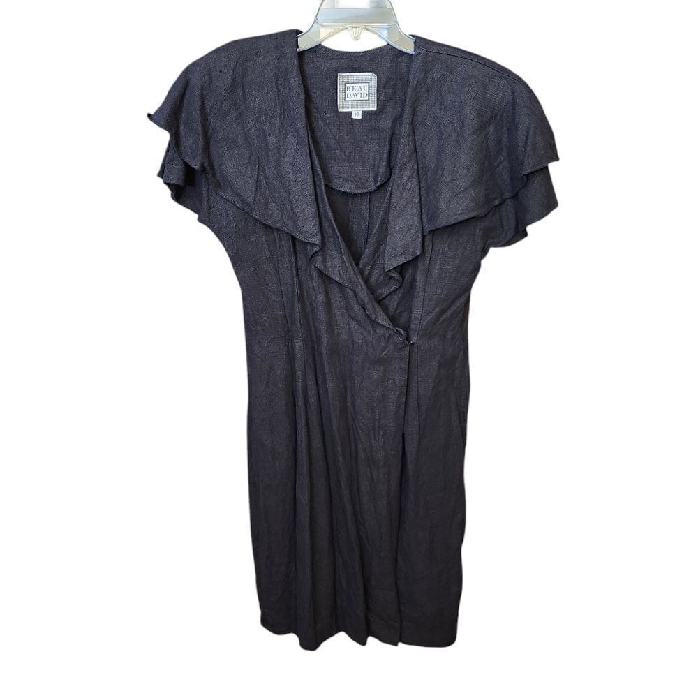 BEAU DAVID Vtg 80's ruffled neckline wrap 100%‎ Linen dress Sz 10